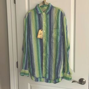Caribbean Nautical Blue and Green Striped Linen Blend Button Down Relaxed Fit